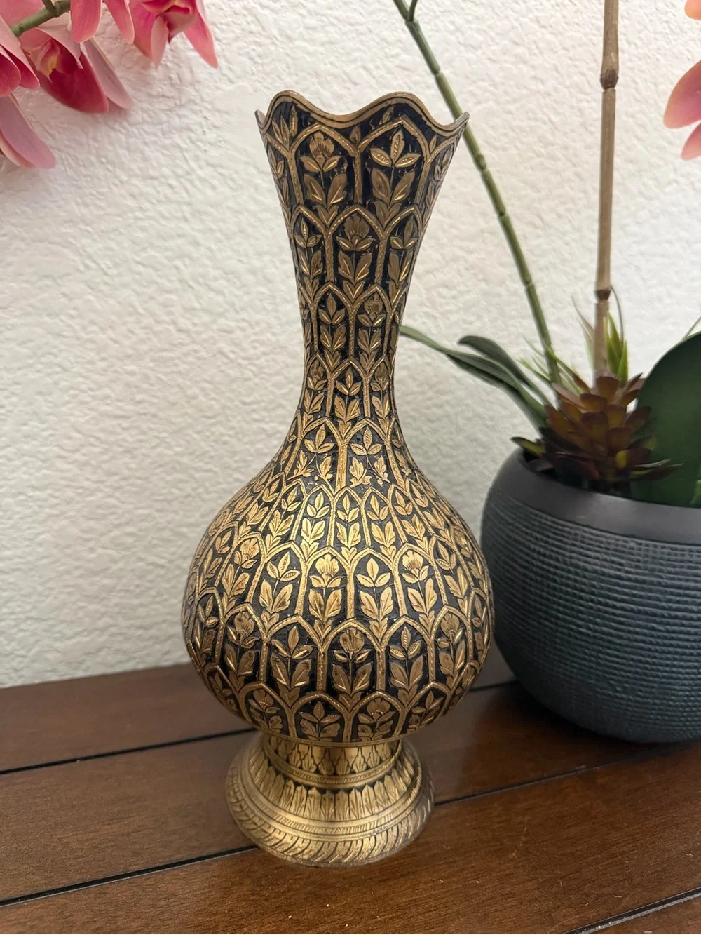 Vintage Hand-Carved Brass Vase with Black Lacquer Etching